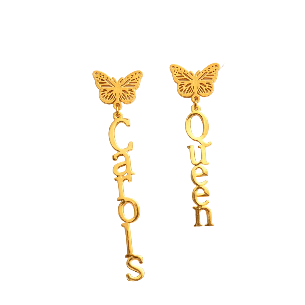 Carol’s Queen Butterfly Script Drop Earrings