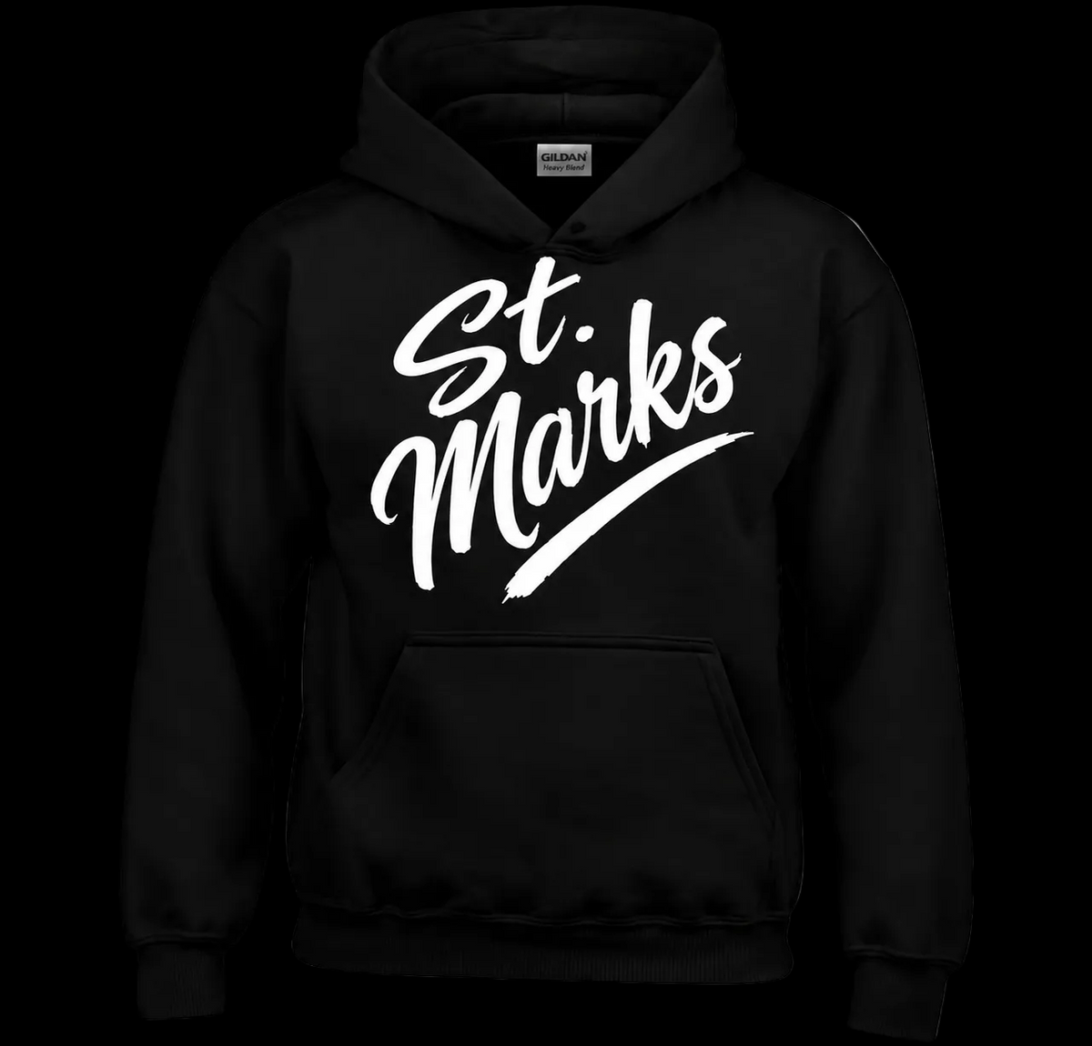 A black pullover hoodie with 'St. Marks' printed in a large white script font across the chest, shown on a plain white background.