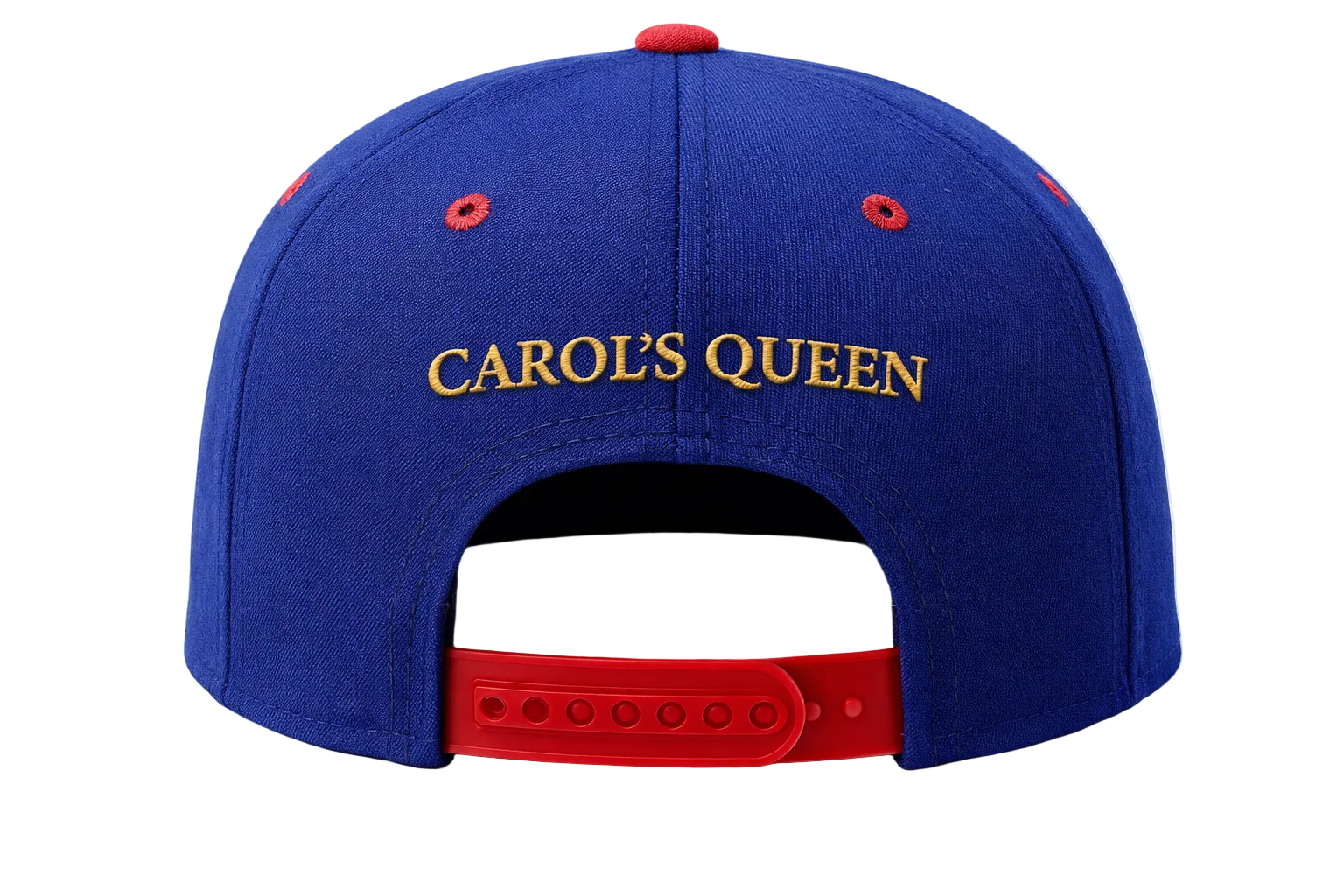 Blue cap with 'Carol's Queen' text on the back against a white background